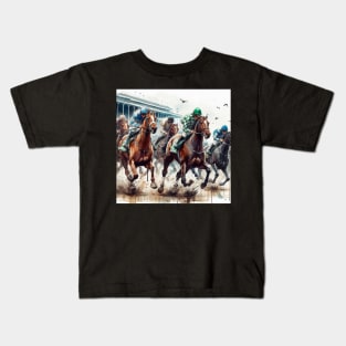 Artistic illustration of horses and jockeys in a horse race Kids T-Shirt